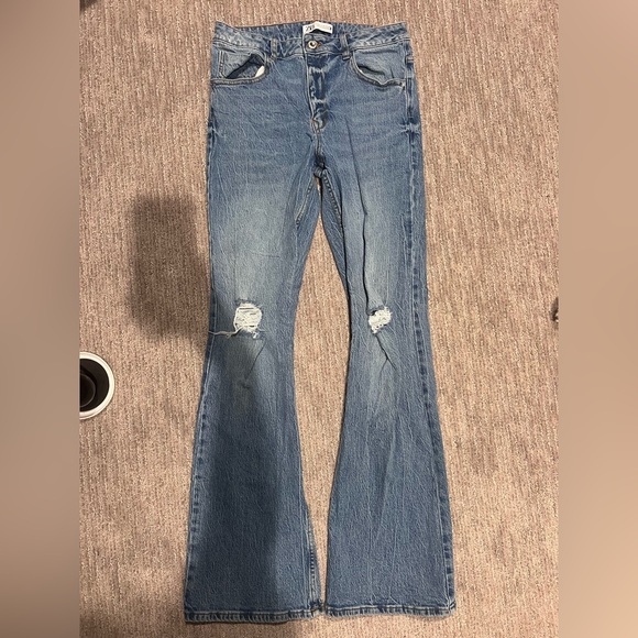 Zara Denim - Zara Blue Flare Wide Leg Jeans Distressed Casual